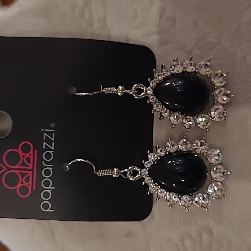 Paparazzi black bead and white rhinestone fishhook earrings